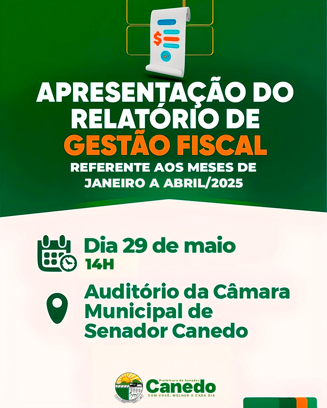Prefeitura de Senador Canedo apresenta Relatório de Gestão Fiscal em audiência pública nesta quinta (29)