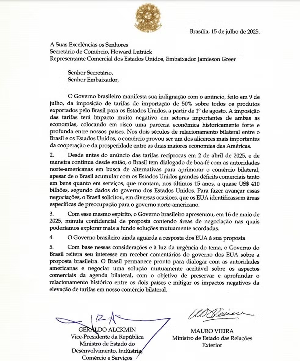 Brasil reage à tarifa de 50% dos EUA e cobra negociação urgente para evitar prejuízos bilaterais